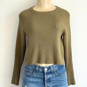 Pretty Garden Olive Green Ribbed Knit Crewneck Sweater Slim Fit Minimalist Chic